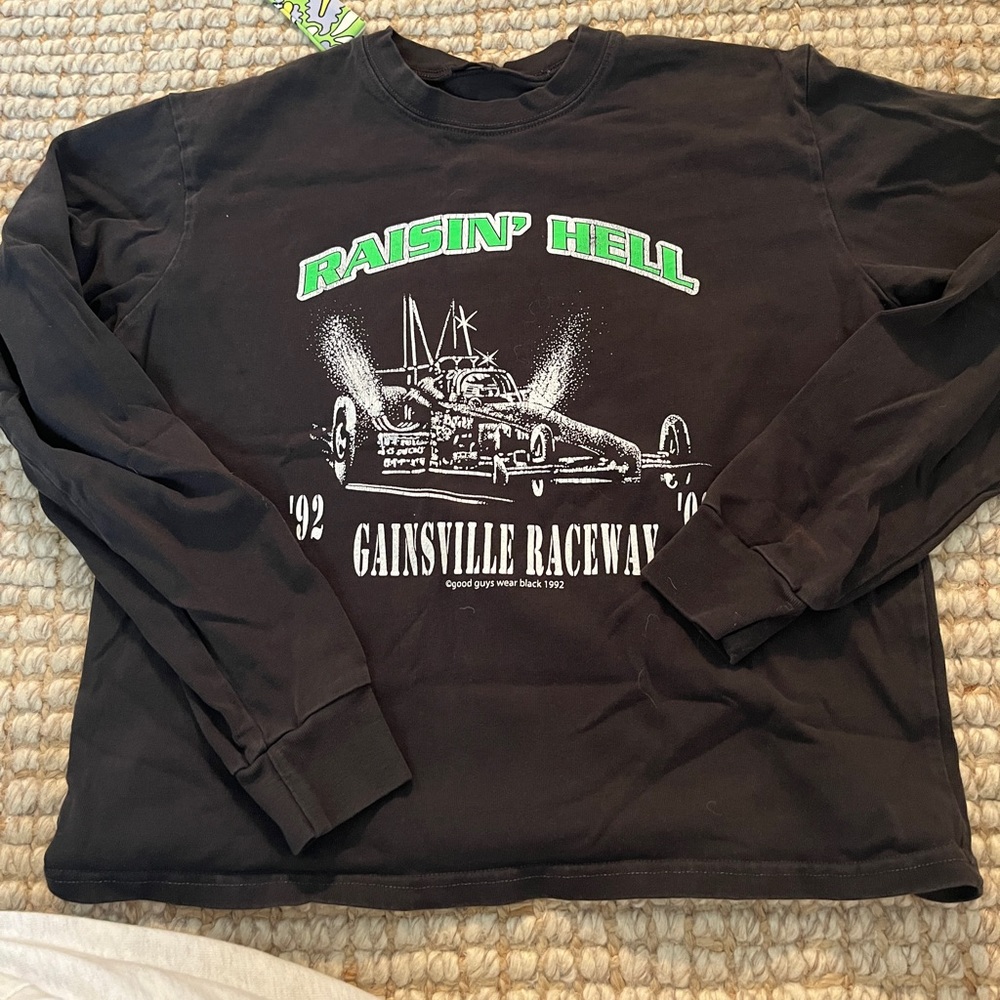 Brandy Melville long sleeve black tee “raisin hell” racing tee